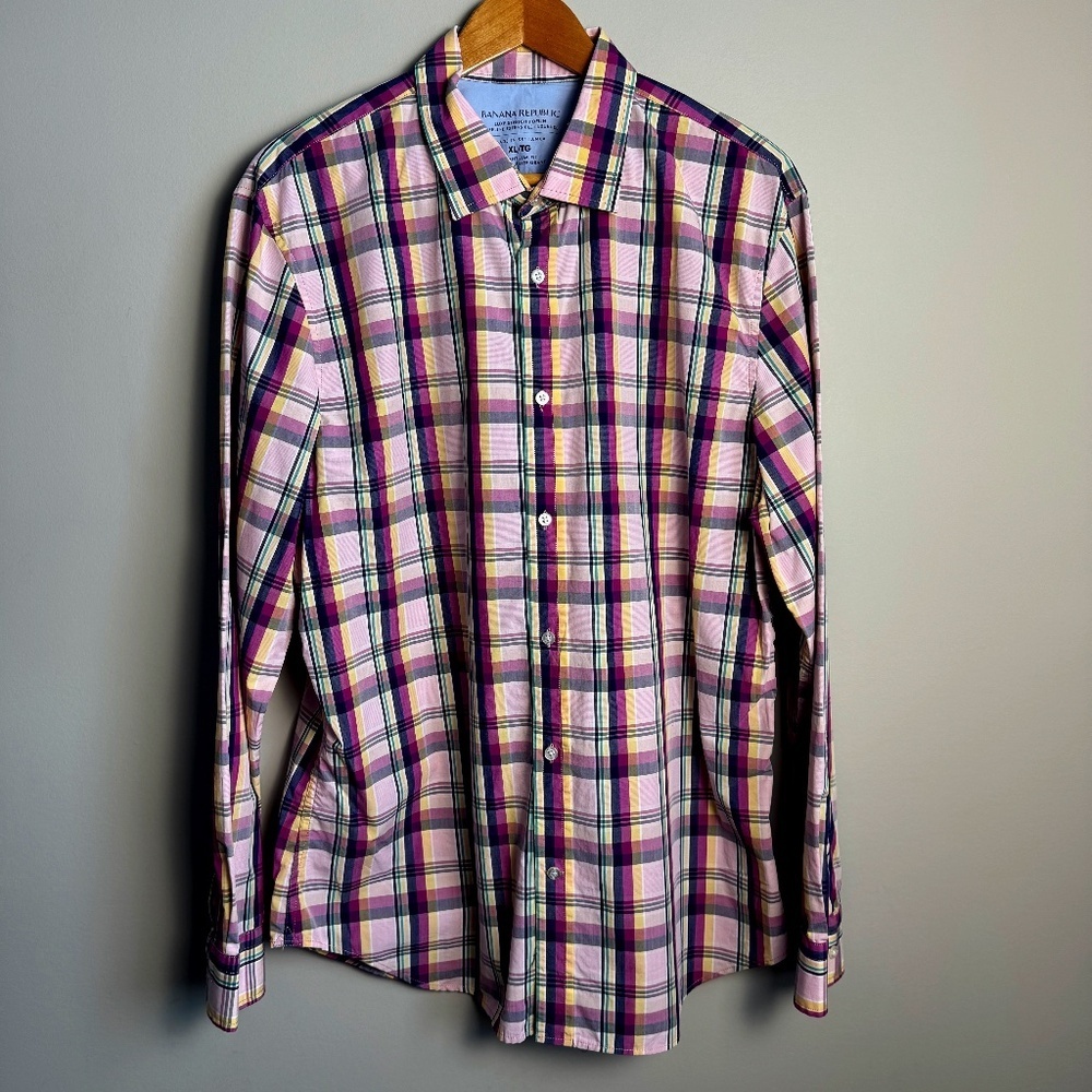 Banana Republic LUXE Stretch Poplin Men's‎ Button Up Shirt Multicolor Plaid XL